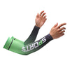 A person wearing lime green UPF 50+ cool sports sleeves on their arms.