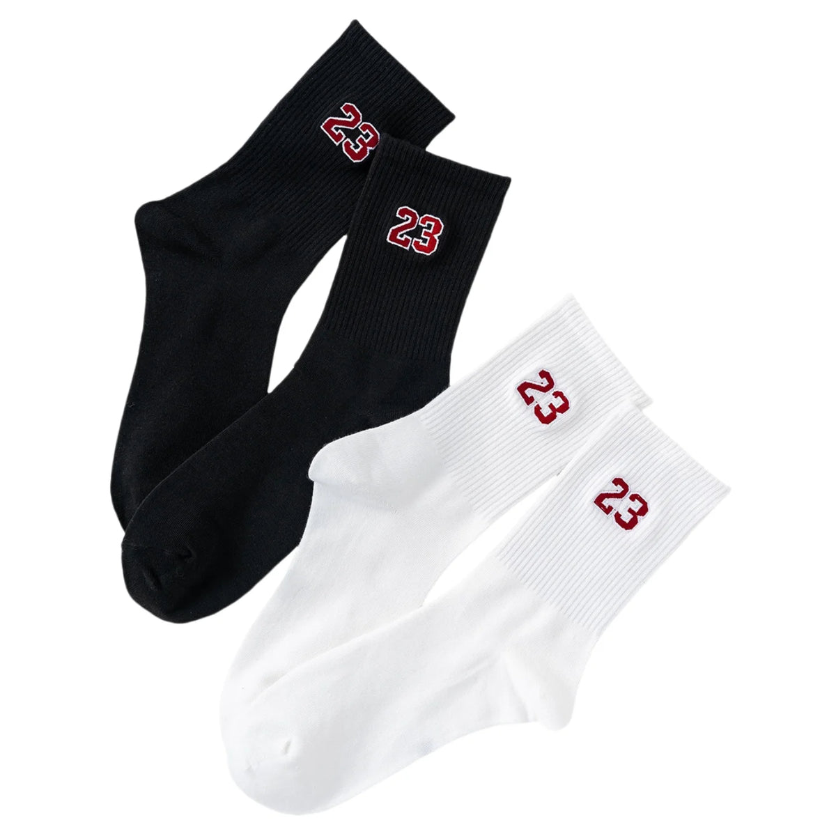 A pair of black and white men's classic crew socks with red numbers 23