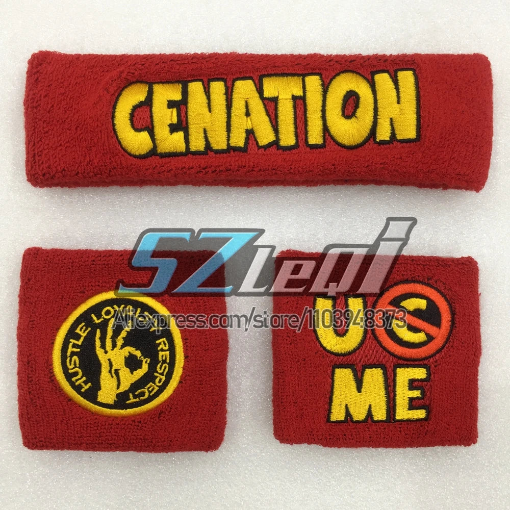 Two red embroidered cotton sports wristbands featuring yellow text that reads CENATION and US ME