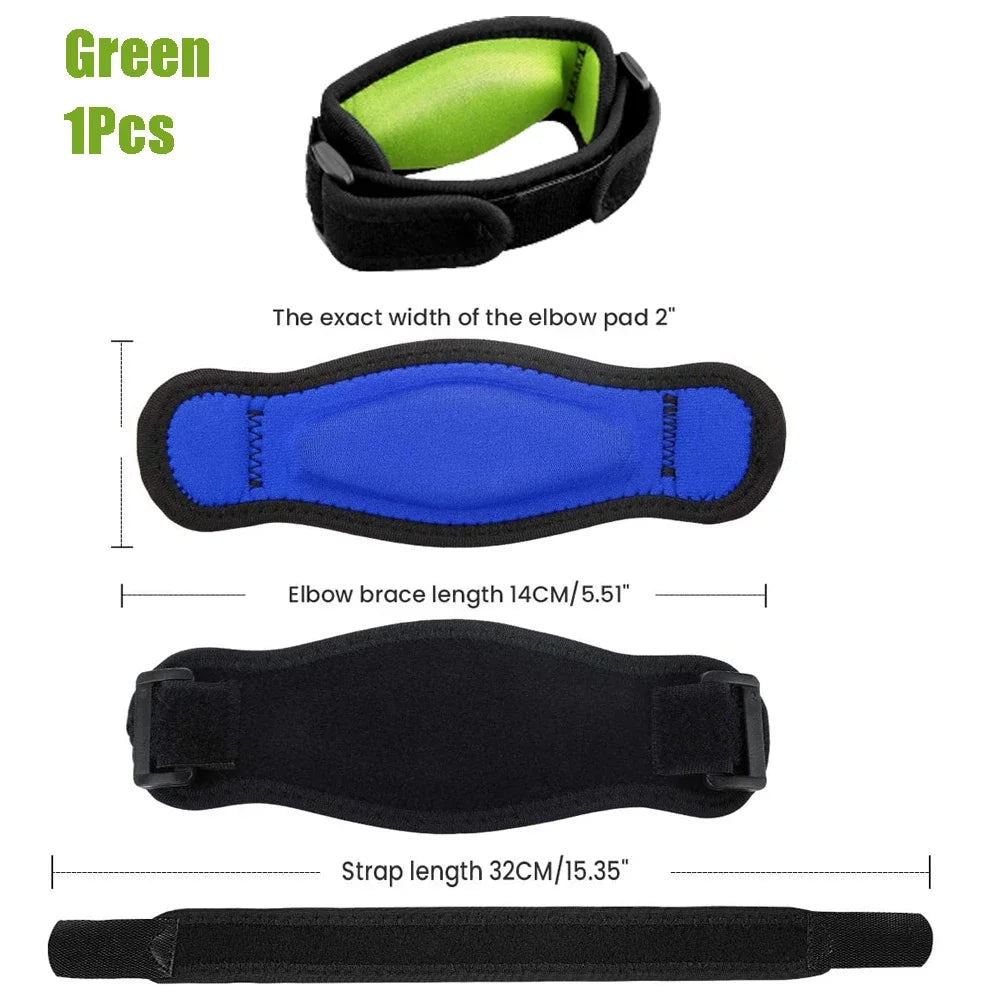 Black and neon green elbow brace with blue padding and black strap shown in various views