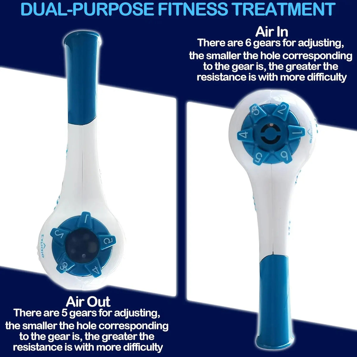 A white and blue dual-purpose fitness treatment device showing the Air In and Air Out components.