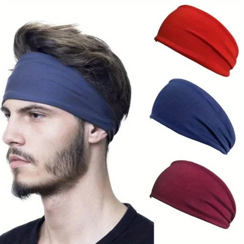 Un hombre usando una cinta deportiva azul marino, con imágenes separadas de opciones rojas y azul oscuro.