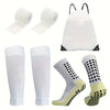 A set of football gear including bandages, knee sleeves, and non-slip socks in white and yellow.
