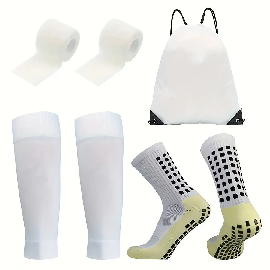 A set of football gear including bandages, knee sleeves, and non-slip socks in white and yellow.
