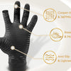 A black hand glove demonstrating features like copper infusion, breathability, anti-slip properties, and lightweight design.