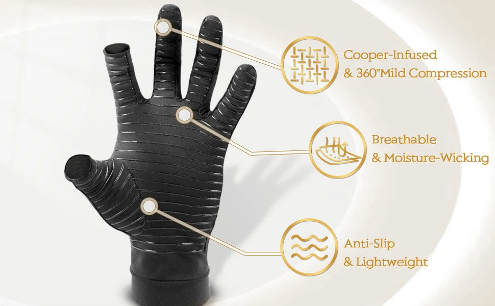 A black hand glove demonstrating features like copper infusion, breathability, anti-slip properties, and lightweight design.