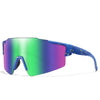 Blue cycling sunglasses with a vibrant green and purple gradient lens