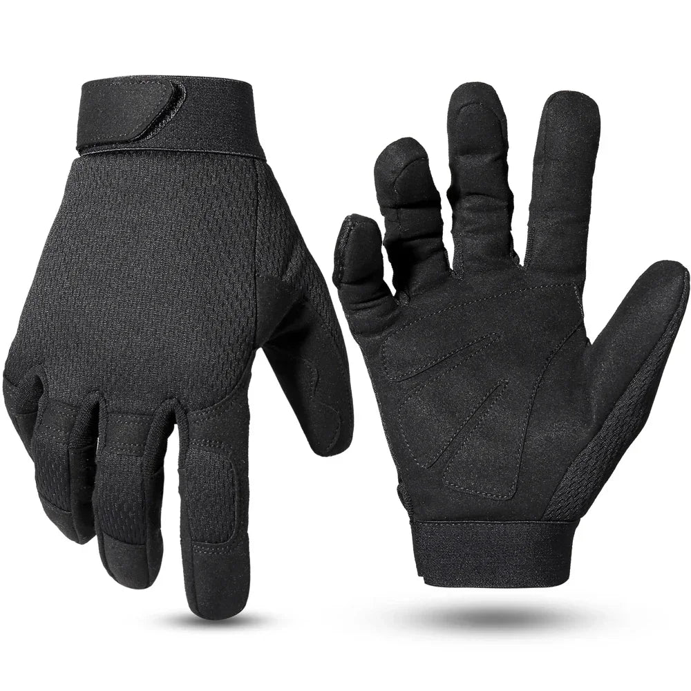 A pair of black tactical full finger combat gloves shown from the palm side.
