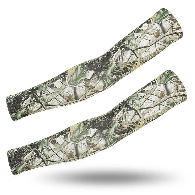 A pair of camouflage tactical arm sleeves featuring a mottled green and brown woodland pattern.