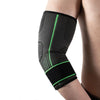 Black nylon elbow brace with neon green accents worn on a person's arm.