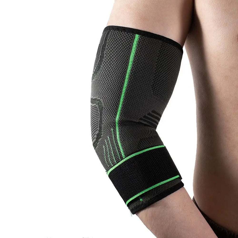 Black nylon elbow brace with neon green accents worn on a person's arm.