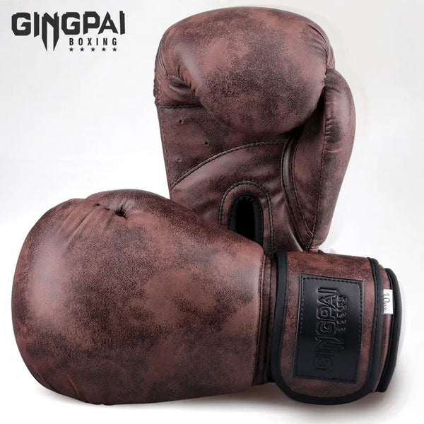 A pair of brown PU leather boxing gloves shown in a studio setting.