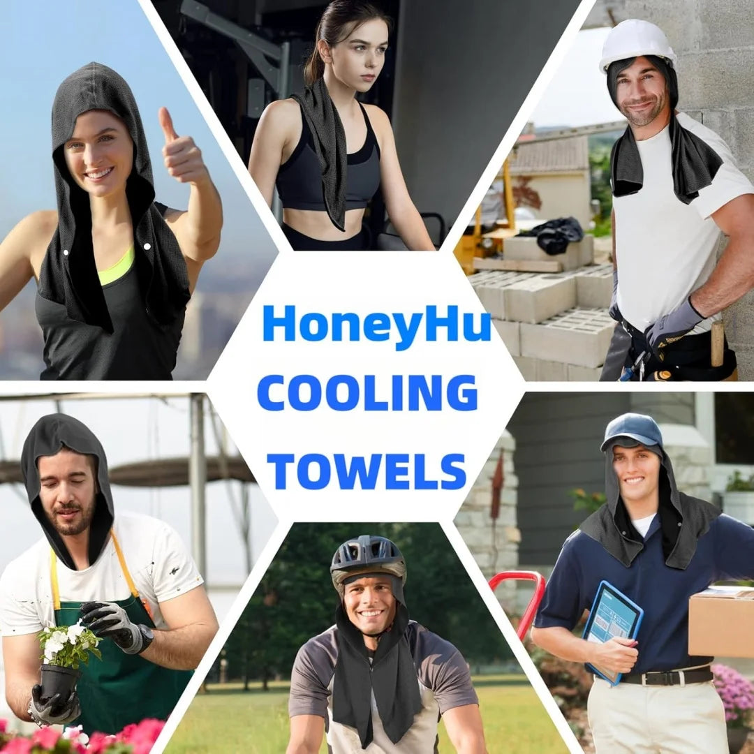 A collage showing people using HoneyHu cooling towels and sports headscarves for sun protection in various outdoor settings.
