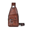 A brown leather men's crossbody bag with a silver buckle and zipper detail.