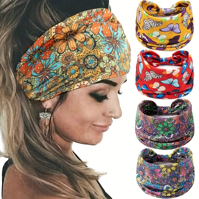 A woman wearing a colorful floral butterfly headband for fitness, shown in various patterns.