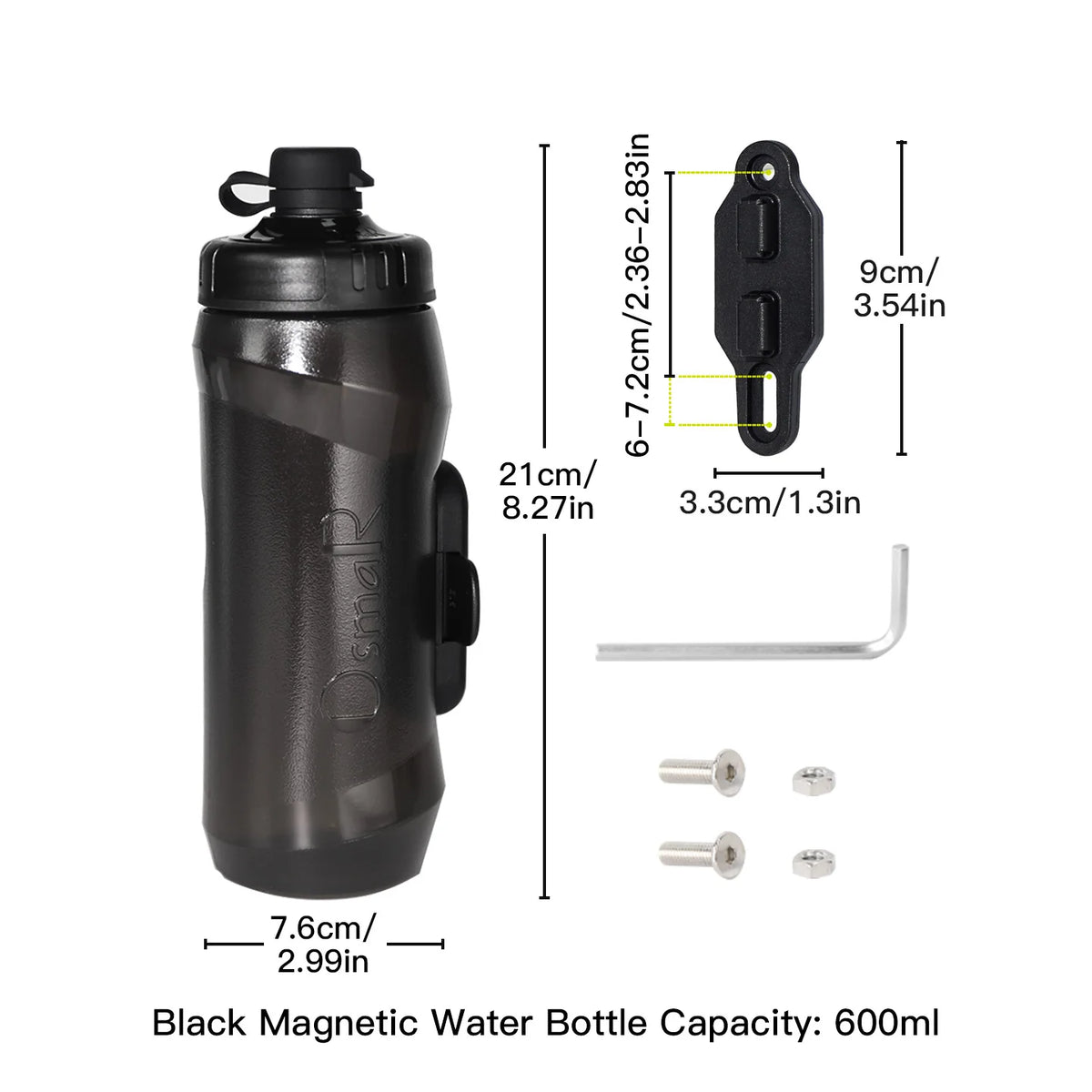 Black magnetic water bottle with a quick-release cap and mounting hardware