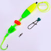 A bright yellow and green fishing float rig with multiple colored beads and attached hooks.