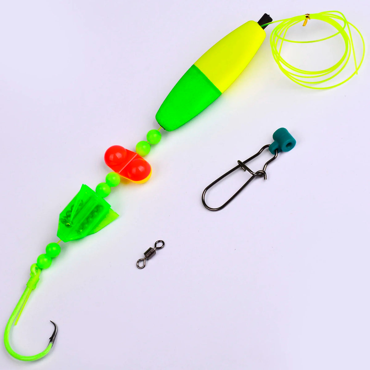 A bright yellow and green fishing float rig with multiple colored beads and attached hooks.