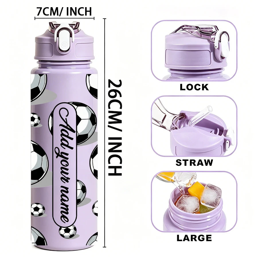 A purple personalized football water bottle with a lock, straw, and large capacity options.