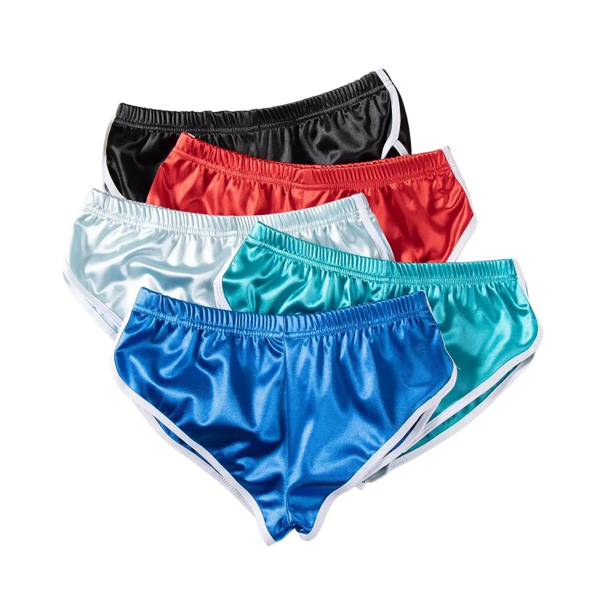 Ein Stapel von Damen-Laufshorts mit elastischem Bund in Schwarz, Rot und Blau.