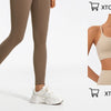 A model wearing beige high-waist yoga leggings and white sneakers, shown in a full-length shot.