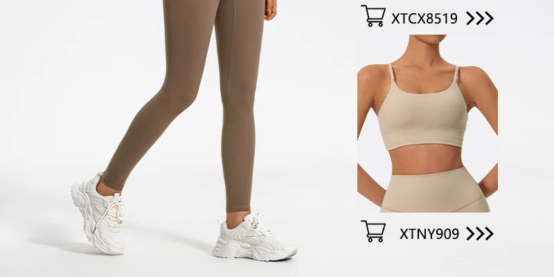 A model wearing beige high-waist yoga leggings and white sneakers, shown in a full-length shot.