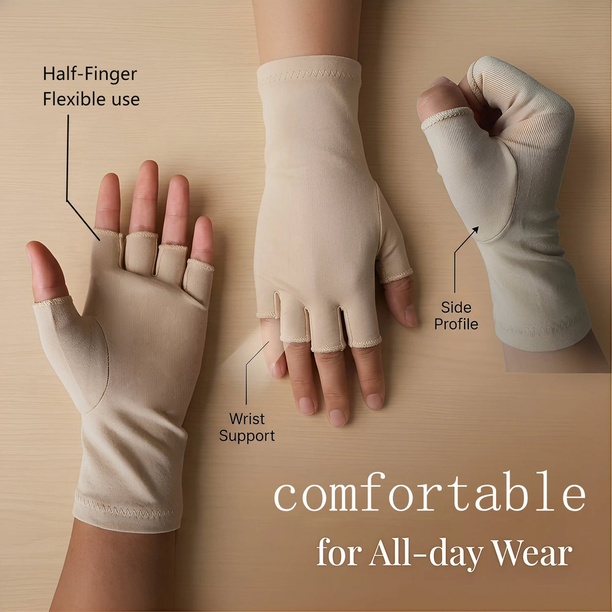 A hand wearing beige half-finger compression gloves, showing the flexible use and wrist support features.