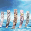 A row of ice silk arm sleeves in various patterns and colors displayed against a blue icy background.