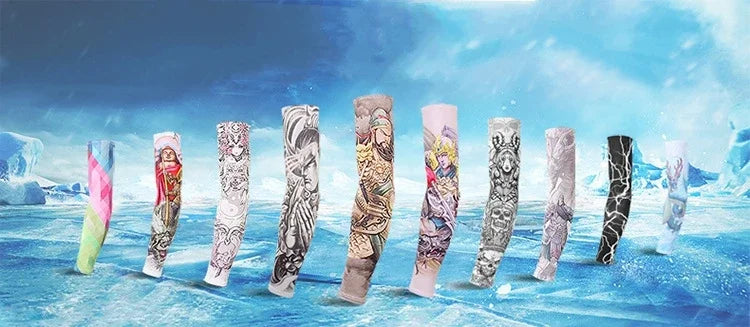 A row of ice silk arm sleeves in various patterns and colors displayed against a blue icy background.