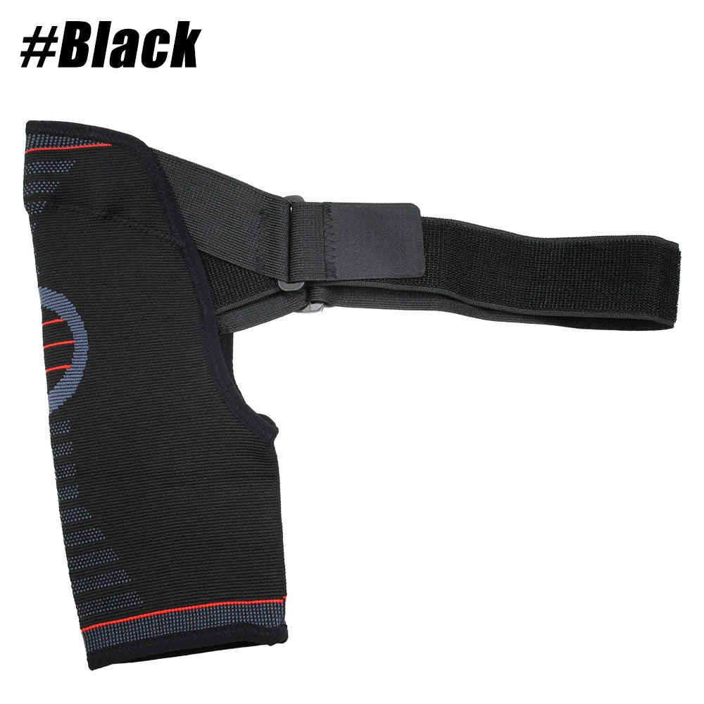Black comfort compression shoulder support brace shown from the side.