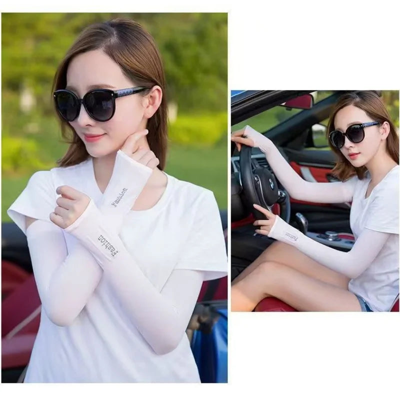 A woman wearing UV protection cooling arm sleeves and sunglasses is shown in a car interior.
