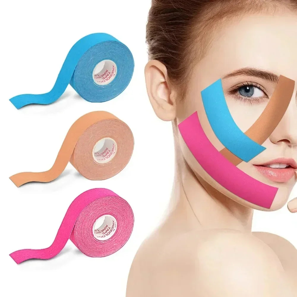 Rolls of colored kinesiology tape used for facial lifting and wrinkle reduction