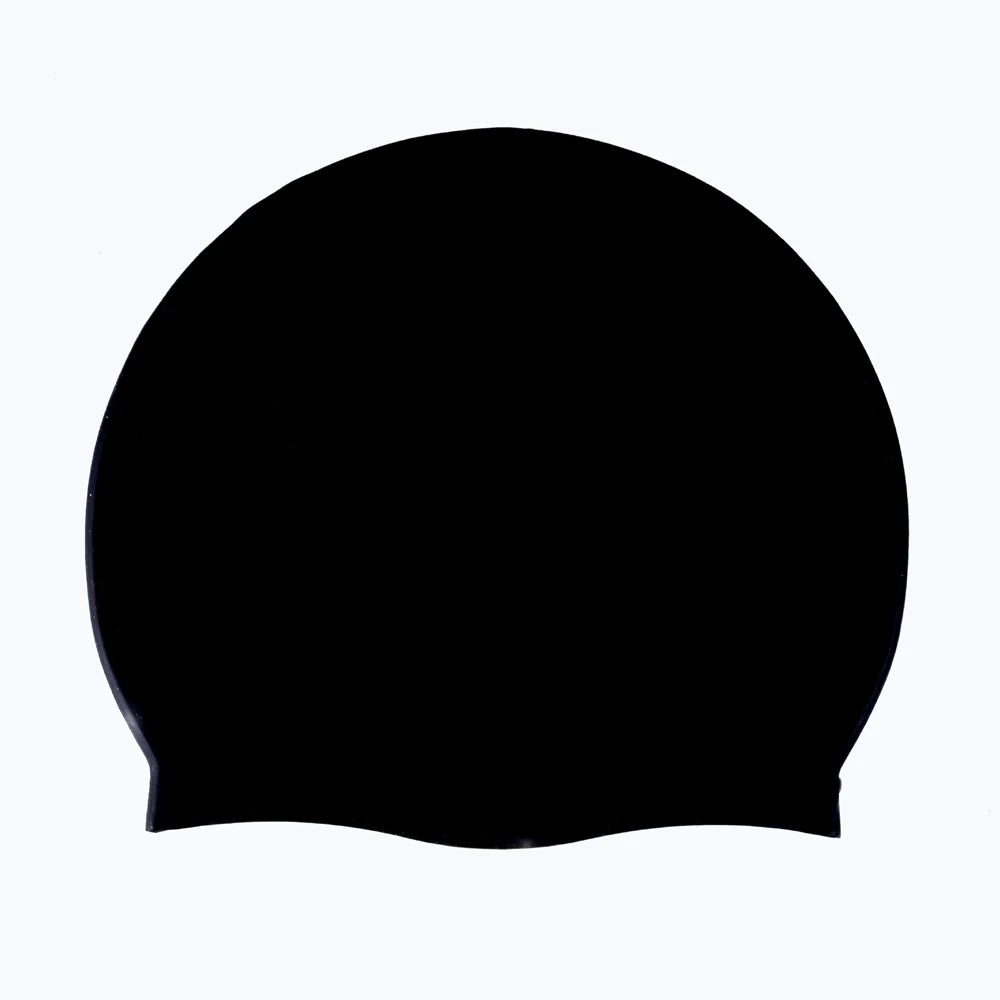 A black waterproof silicone swimming cap viewed from the top.