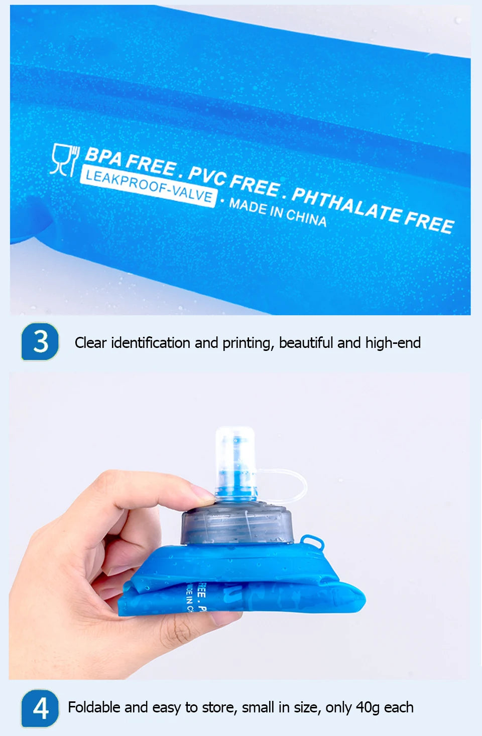 A hand holds a blue foldable sports water bottle, demonstrating its portability and design.