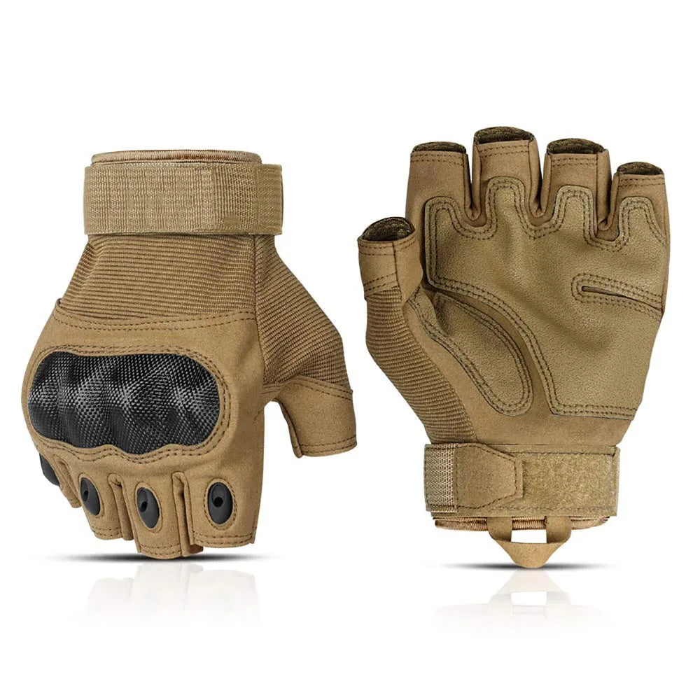 A pair of tan tactical fingerless gloves shown from the back and side.
