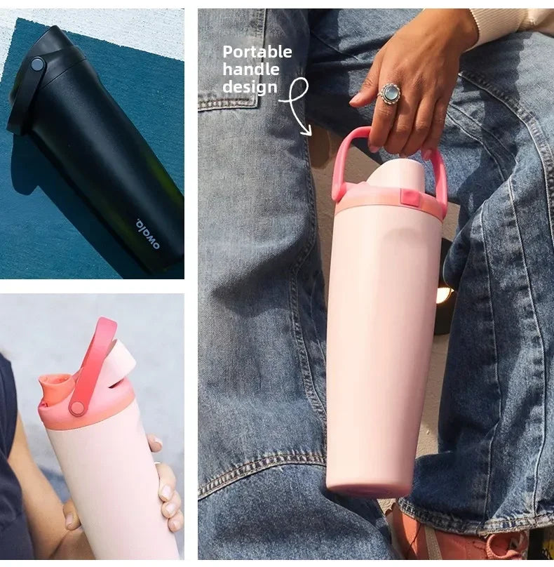 A pink insulated stainless steel travel mug being held by a hand, shown in various angles.