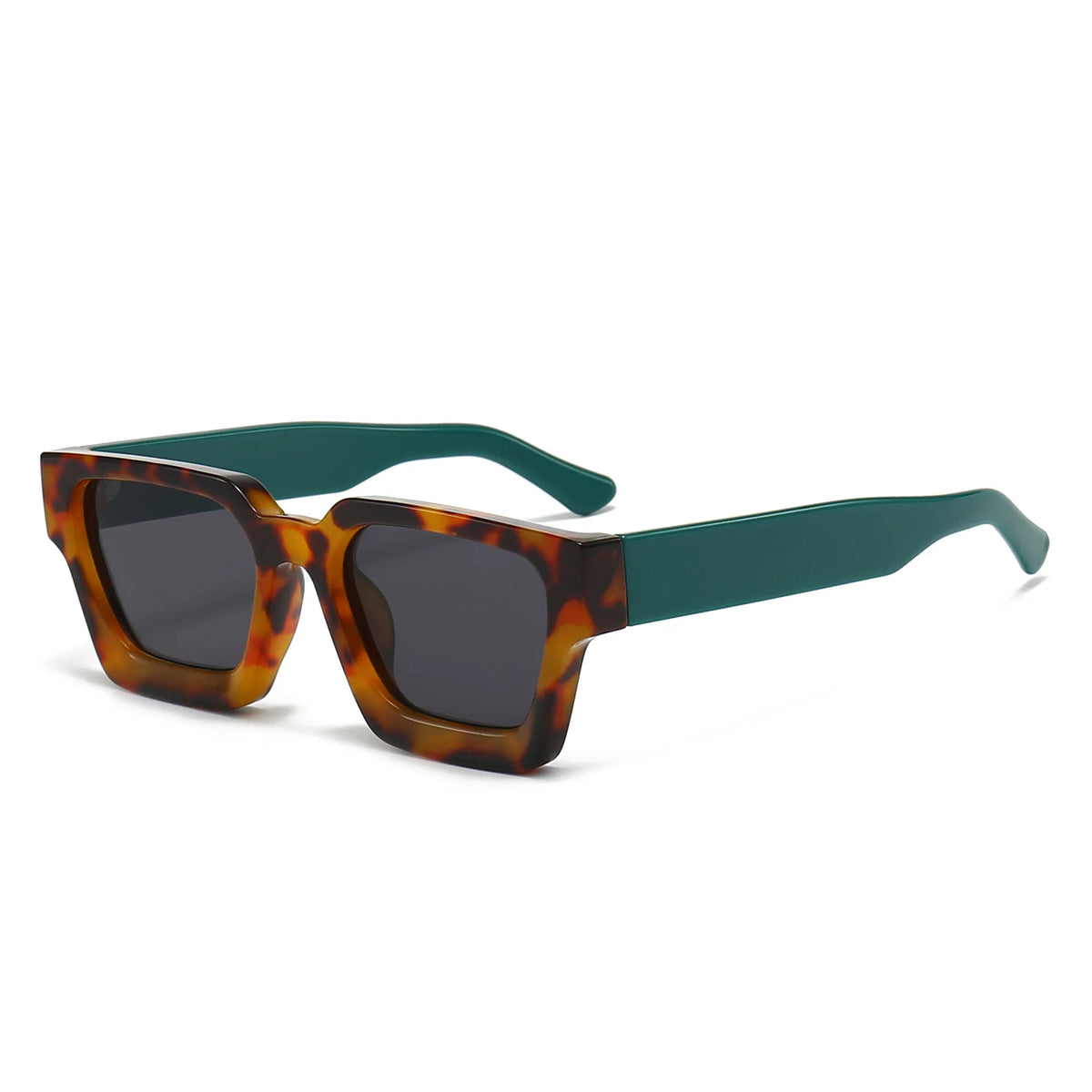 Retro square frame sunglasses with brown tortoise shell lenses and dark green frames