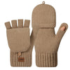 A pair of beige knit gloves with fingerless design and a small pocket detail.