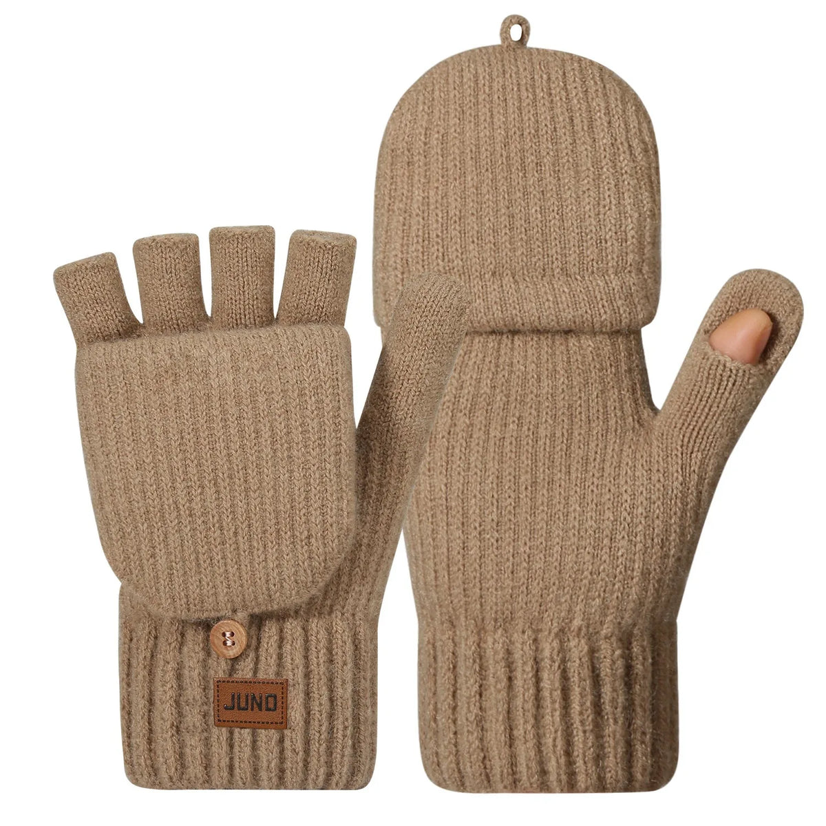 A pair of beige knit gloves with fingerless design and a small pocket detail.