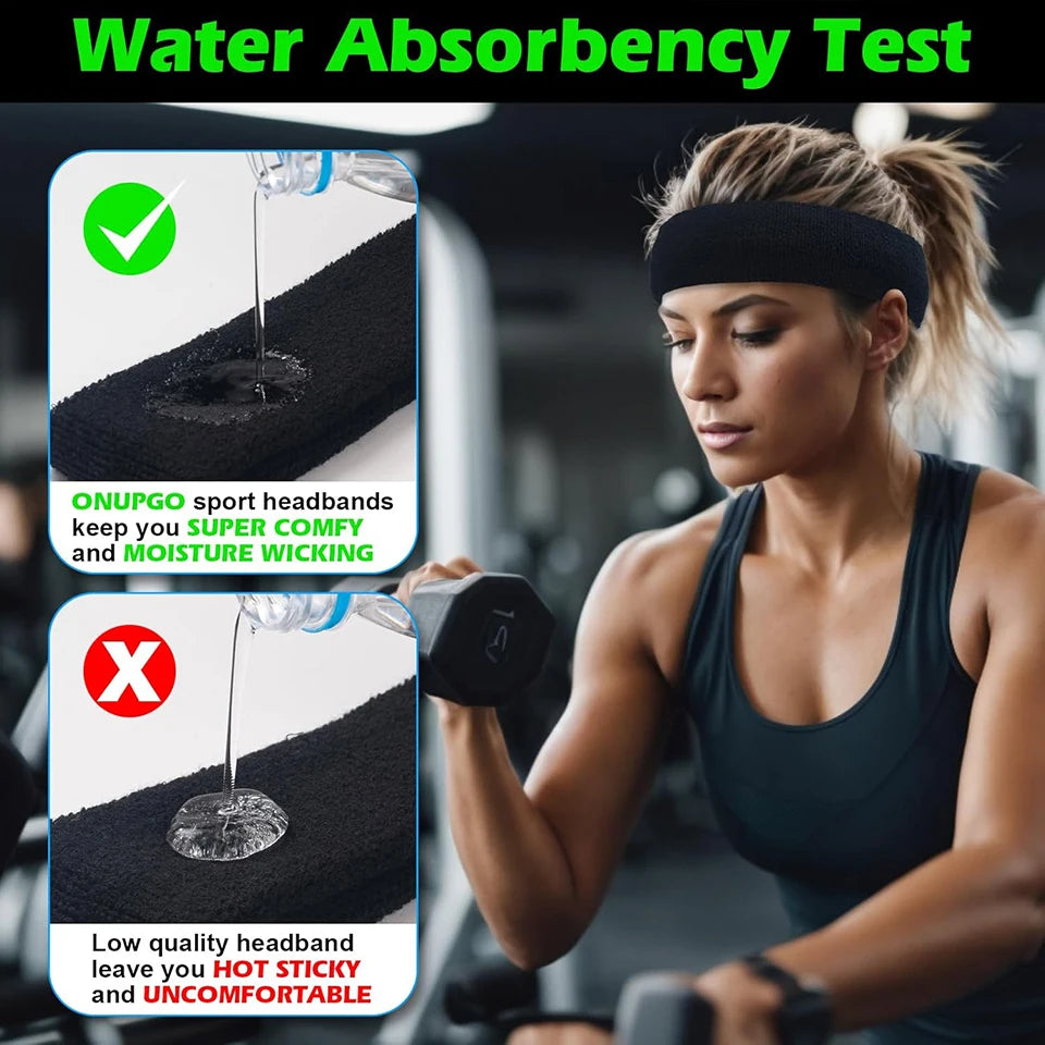 A woman tests the water absorbency of an Onupgo sport headband by dripping water onto it.
