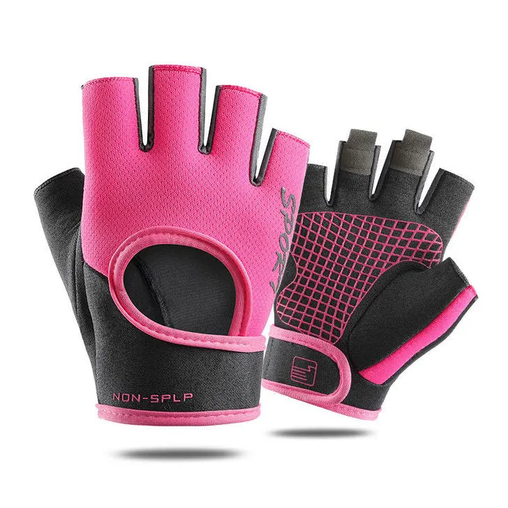 A pair of bright pink and black breathable half-finger cycling and fitness gloves.