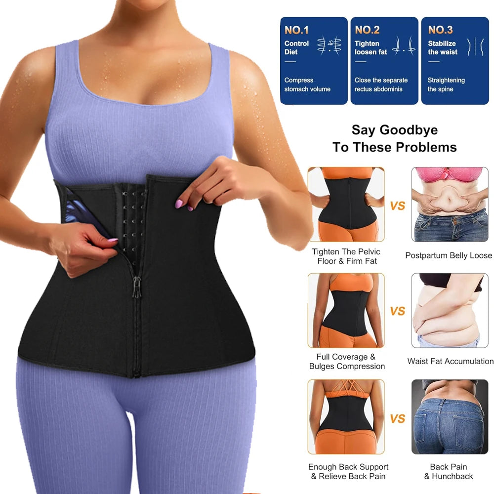 A woman wearing a black body shaping corset and purple leggings, demonstrating its features for waist slimming and back suppo