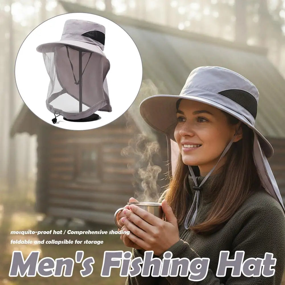 Mosquito Net Sun Hat with Wide Brim and Adjustable Chin Strap