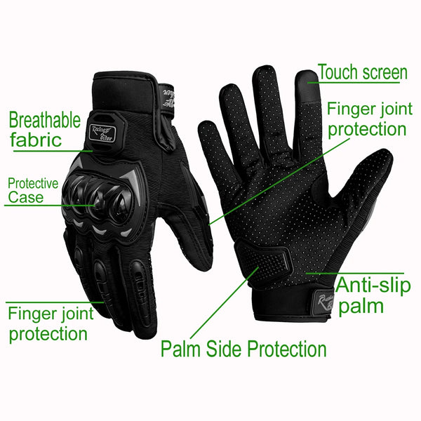 Black motorcycle riding anti-fall gloves featuring breathable fabric, protective case, and finger joint protection.