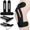 Black kinesiology therapy tape for knee support shown in various shapes and applied to a leg.