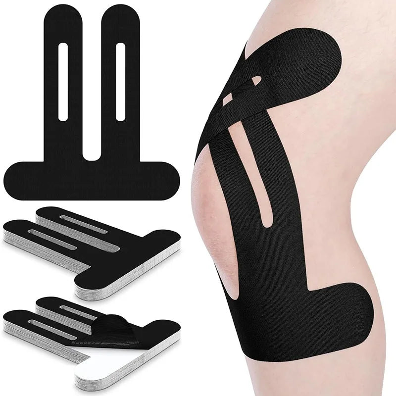 Black kinesiology therapy tape for knee support shown in various shapes and applied to a leg.