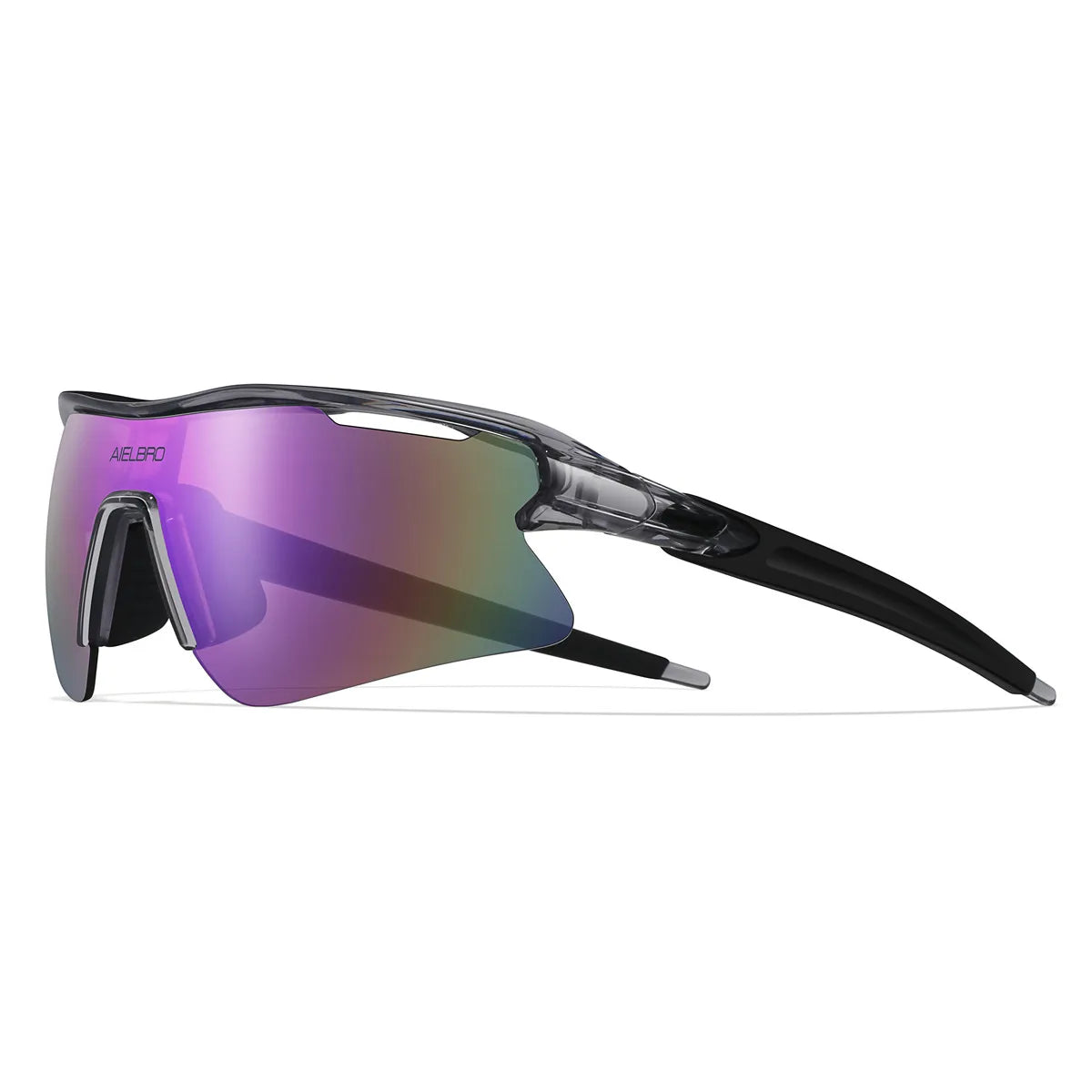 A pair of purple-tinted sports sunglasses with black frames shown against a white background.