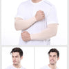 A man models white t-shirt and beige cooling arm sleeves for UV protection.