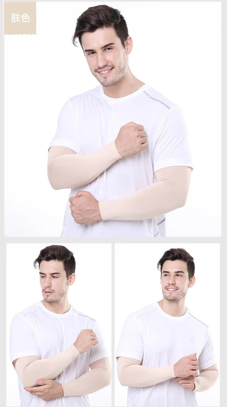 A man models white t-shirt and beige cooling arm sleeves for UV protection.