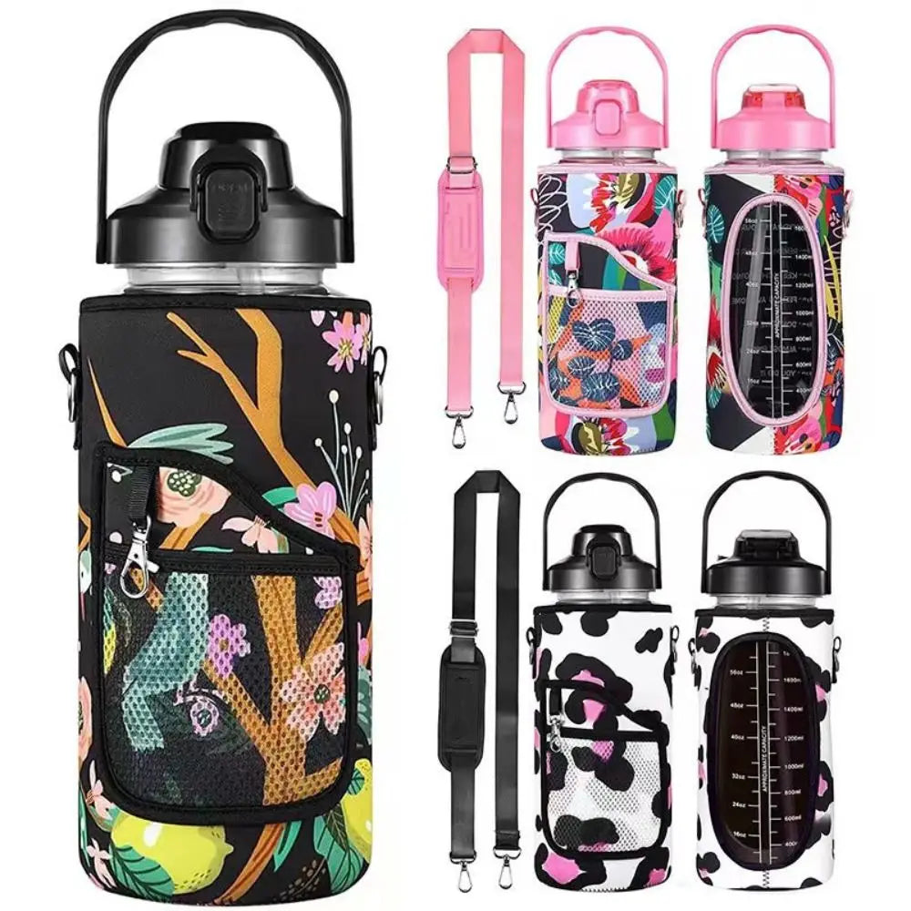 A set of insulated water bottle covers featuring floral and abstract patterns with adjustable straps.